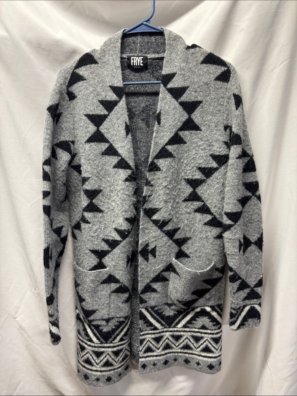 FRYE Gray & Black Geometric Shawl Collar Cardigan